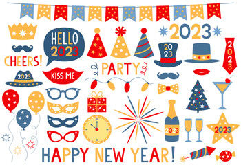 Happy New Year 2023 vector photo booth props and party collection