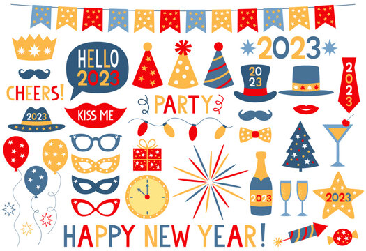 Happy New Year 2023 vector photo booth props and party collection