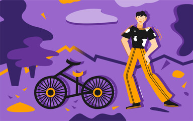 Naklejka na ściany i meble The guy is a cyclist standing in the park with his bike. Background illustration for a website, book, magazine. Purple and yellow colors. Outdoor sports are for people. Cycling. Leisure,weekend in the