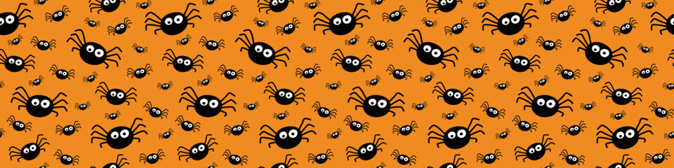 Funny Halloween banner with spiders. Seamless pattern. Vector