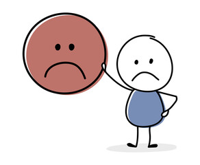 Sad stickman with emoticon symbol. Vector