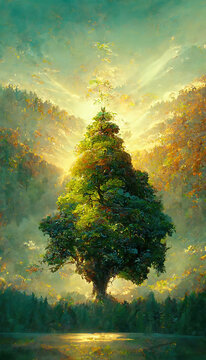 AI generated image of a lone big tree with hills behind, at sunset 