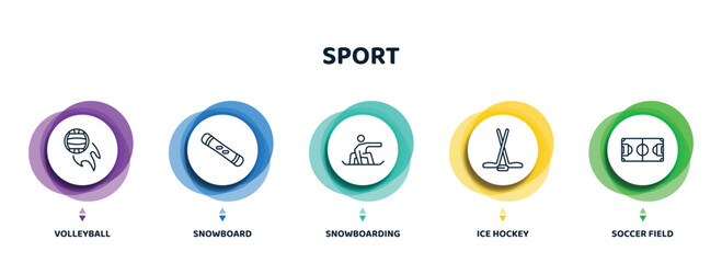 editable thin line icons with infographic template. infographic for sport concept. included volleyball, snowboard, snowboarding, ice hockey, soccer field icons.