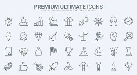 Success thin line icons set vector illustration. Outline symbols of top projects, objective target and opportunity to win and achieve award prize, efficient choice, solution and business development