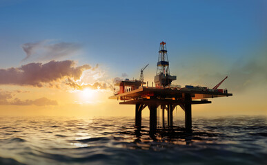 Offshore oil rig,  drilling rig, jack up rig, oil platform at the sea during sunset. 3D rendering illustration