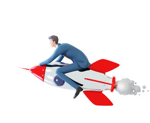 Successful businessman flying with the rocket. Start up, success in business, control and support idea. 3D rendering illustration