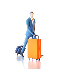 Businessman with travel bags, luggage walking on airport. 3D rendering illustration