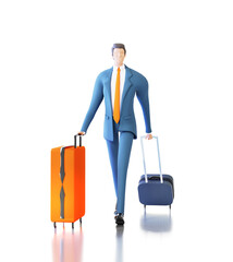 Businessman with travel bags, luggage walking on airport. 3D rendering illustration