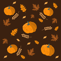 Seamless autumn pattern with pumpkin, leaves on a dark background