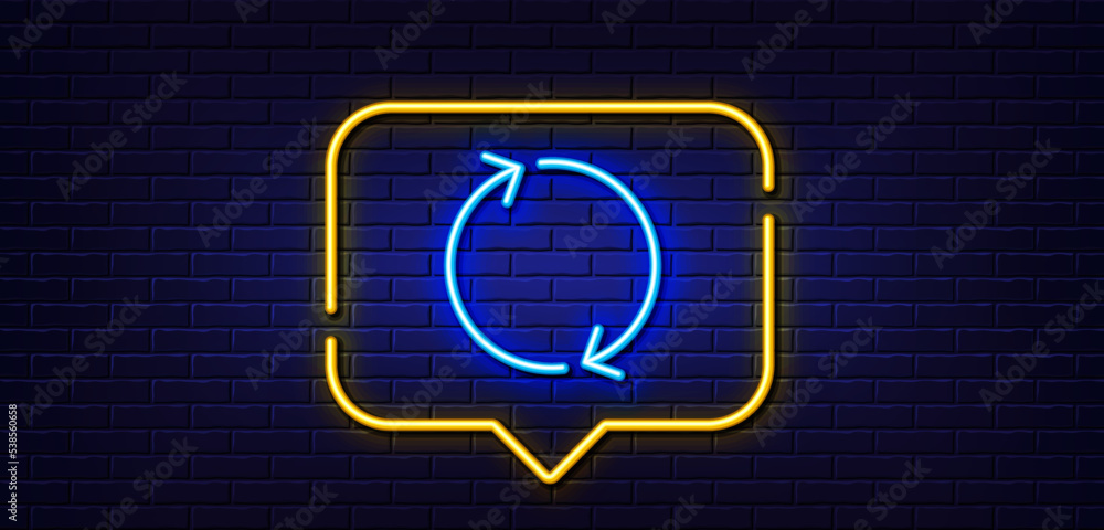 Poster neon light speech bubble. refresh arrow line icon. rotation arrowhead symbol. navigation pointer sig