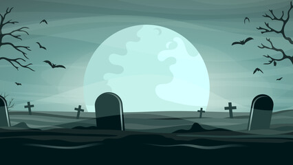 Background of a foggy cemetery with bats and a big moon. Vector.