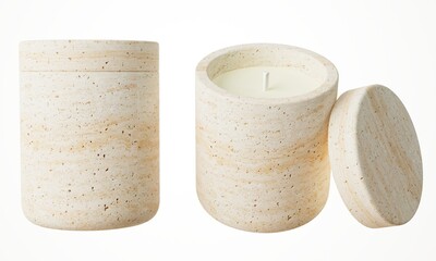 Two different views of container candle with cotton wick in stone jar with lid 3D render, luxury gift template, commercial product mock-up