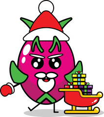 cute christmas dragon fruit mascot vector with saint clouse gift train