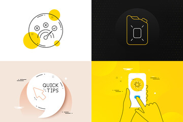 Minimal set of Correct answer, Artificial intelligence and Canister oil line icons. Phone screen, Quote banners. Quick tips icons. For web development. Speed symbol, Faq guide, Gasoline fuel. Vector