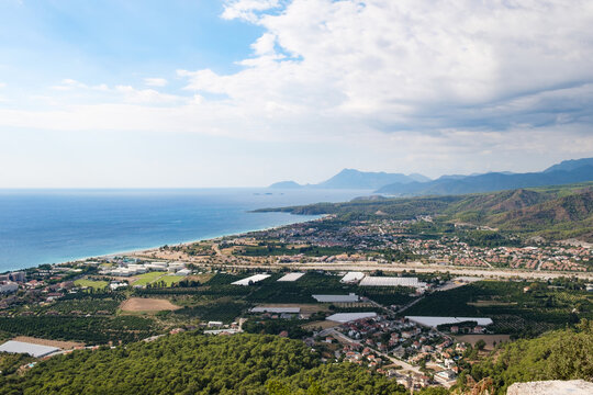 View from the top of the mountain to the city of Kirish, the Mediterranean Sea and mountains. Beautiful mountain seascape.
