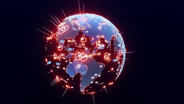 Neon planet earth background with running numbers and spotted areas of potential growth. B business background 4K