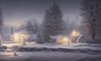 Frosty winter beautiful landscape. Evening rural scene. Snow and fir trees. 3D render.