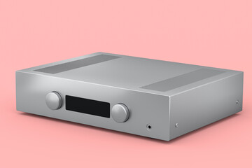 Fototapeta premium HiFi system with turntable and amplifier for home theater on pink background.