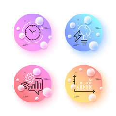 Time change, Electricity bulb and Dot plot minimal line icons. 3d spheres or balls buttons. Cogwheel icons. For web, application, printing. Clock, Electric energy, Presentation graph. Vector