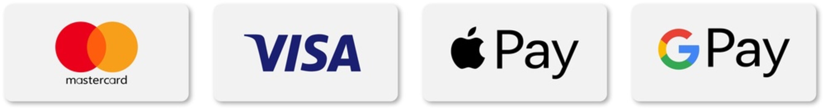 Buttons of popular payment systems mastercard, visa, apple pay, google pay. Buttons for a website are rectangular with rounded edges. PNG image
Buttons of popular payment systems mastercard, visa, app