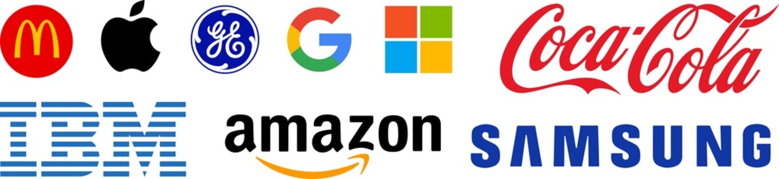 Logos Of The Most Influential Companies In The World. Microsoft, Apple, Amazon, Coca-Cola, Samsung, IBM, Google, McDonald's, GE. PNG Image