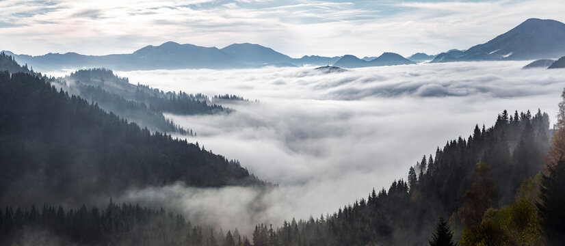 Landscape with high mountains. Panorama view. Fields and meadow are covered with morning fog and dew. Touristic resort Carpathian national park, Ukraine Europe. Natural scenery.