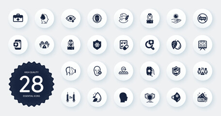 Set of Healthcare icons, such as Clean skin, Face detect and Ð¡onjunctivitis eye flat icons. Water drop, Capsule pill, Social distance web elements. Hospital nurse, Health app. Circle buttons. Vector