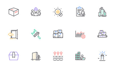 Lighthouse, Wholesale inventory and Package box line icons for website, printing. Collection of Entrance, Operational excellence, Inventory icons. Inspect, Paint roller, Buildings web elements. Vector