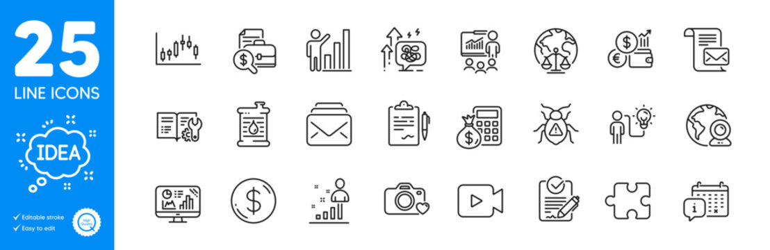 Outline icons set. Presentation, Calendar and Photo camera icons. Stress grows, Clipboard, Engineering documentation web elements. Business idea, Rfp, Graph chart signs. Vector