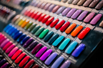 Set of multicolored palletes of gel nail polishes on counter of cosmetic store, manicure salon,...