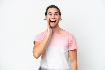 Caucasian handsome man isolated on white background with surprise and shocked facial expression