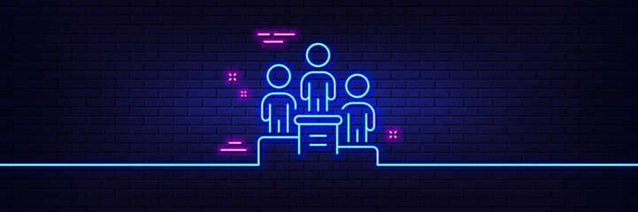 Neon light glow effect. Business podium line icon. Employee nomination sign. Teamwork award symbol. 3d line neon glow icon. Brick wall banner. Business podium outline. Vector