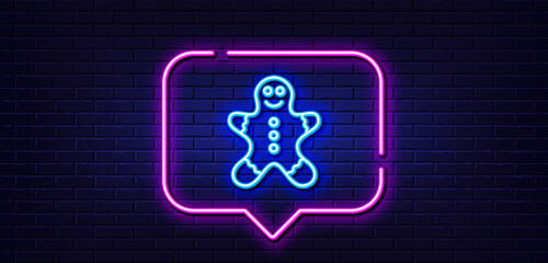 Neon light speech bubble. Gingerbread man line icon. Ginger cookie sign. Sweet holiday food symbol. Neon light background. Gingerbread man glow line. Brick wall banner. Vector
