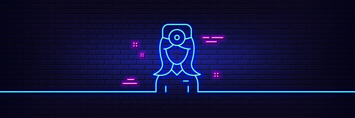 Neon light glow effect. Oculist doctor line icon. Health eye sign. Optometry clinic symbol. 3d line neon glow icon. Brick wall banner. Oculist doctor outline. Vector