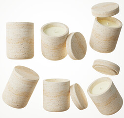 Set of six different views of container candle with cotton wick in stone jar with lid 3D render, luxury gift template, commercial product mock-up