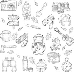 Camping doodle set. Vector sketch illustration. Travel items.
