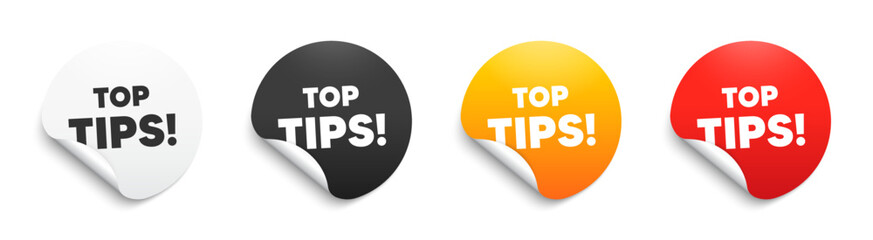 Top tips symbol. Round sticker badge with offer. Education faq sign. Best help assistance. Paper label banner. Top tips adhesive tag. Vector