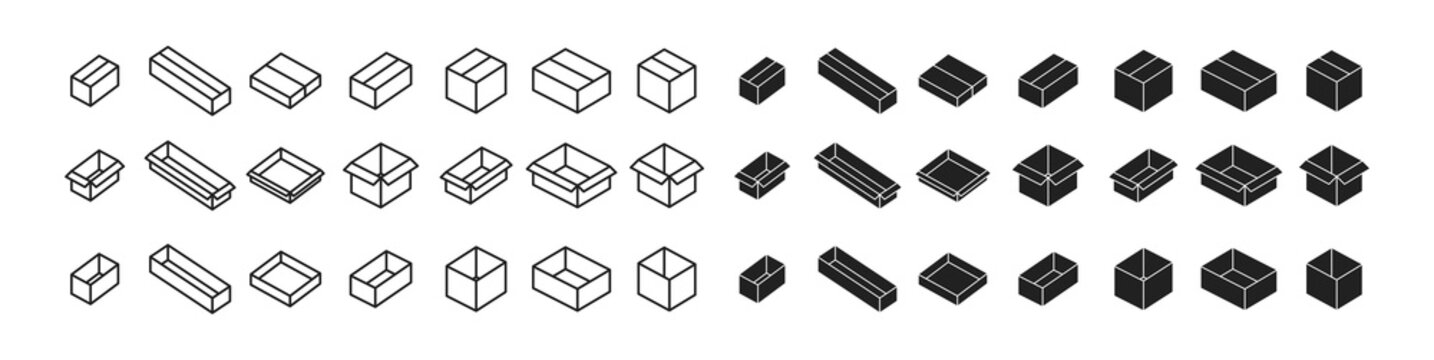 Box icon set. Open and closed, black and outline. Delivery packaking symbol. Vector EPS 10