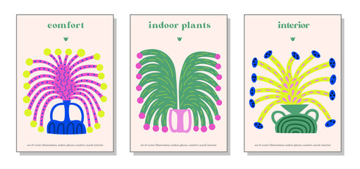 Fototapeta na wymiar Indoor flowers in flowerpots. Interior painting, home comfort. Colorful illustrations of indoor flowers for covers, pictures. Vector illustration.