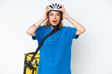 Young caucasian woman with thermal backpack isolated on white background with surprise expression