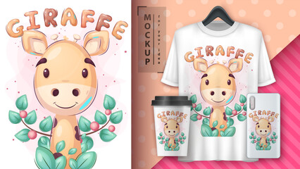 Cartoon character adorable giraffe, pretty animal idea for print t-shirt, poster and kids envelope, postcard. Cute hand drawn style giraffe