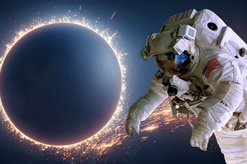 Fototapeta na wymiar The astronaut on a background of a planet. Elemen ts of this image furnished by NASA, 3d render.