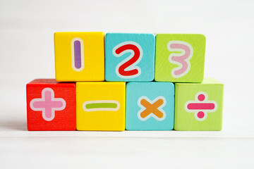 Obraz premium Number wood block cubes for learning Mathematic, education math concept.