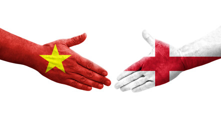 Handshake between England and Vietnam flags painted on hands, isolated transparent image.