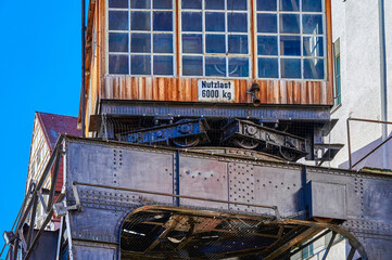 Details of a decommissioned historic harbor crane in the Tempelhofer Hafen in Berlin. Nutzlast is German for payload.