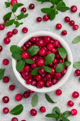 Fresh ripe organic wild cranberries in a white plate on a gray concrete background. forest Berries and leaves. Vitamin. The concept of autumn. Selective focus, top view