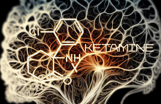 Ketamine. Dissociative ketamine. Chemical formula, molecular structure. Ilustration background for your desigen. Disoviative drugs. Ketamin banner.