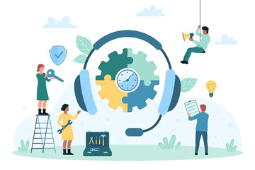 Maintenance and technical support service for customers vector illustration. Cartoon tiny people with key and tools work near big headphones with gear puzzle and clock inside, workers repair system