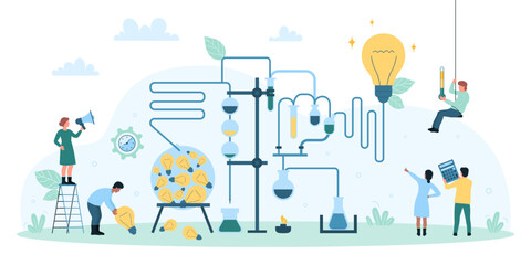 Startup business teamwork, solution development through science and knowledge vector illustration. Cartoon tiny people work with scientific equipment, develop innovations, new projects and ideas
