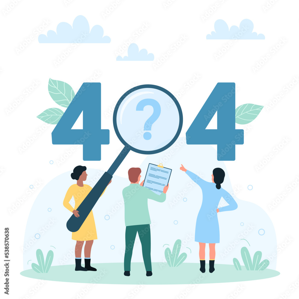 Wall mural 404 error, disconnected status vector illustration. cartoon tiny people of technical support team lo